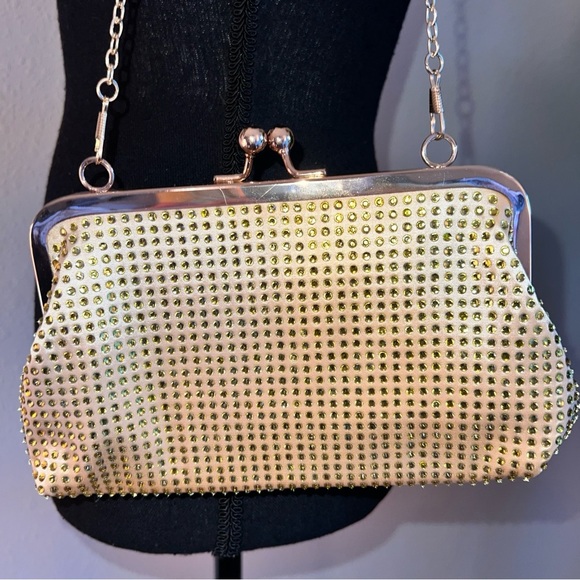 Gold Rhinestone Kiss Closure Bag Purse Shoulder Evening Bag Gold Tone Hardware - Picture 2 of 16